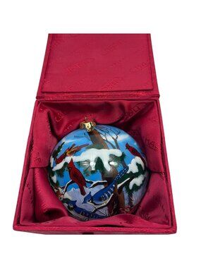Hand-Painted Winter Scene Glass Ornament With Wildlife & Snowman In Red Gift Box
